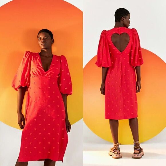 Farm Rio Red Heart Back Detailed Midi Dress 3D Hearts Heart Cut-Out S Small NWT - Picture 1 of 8